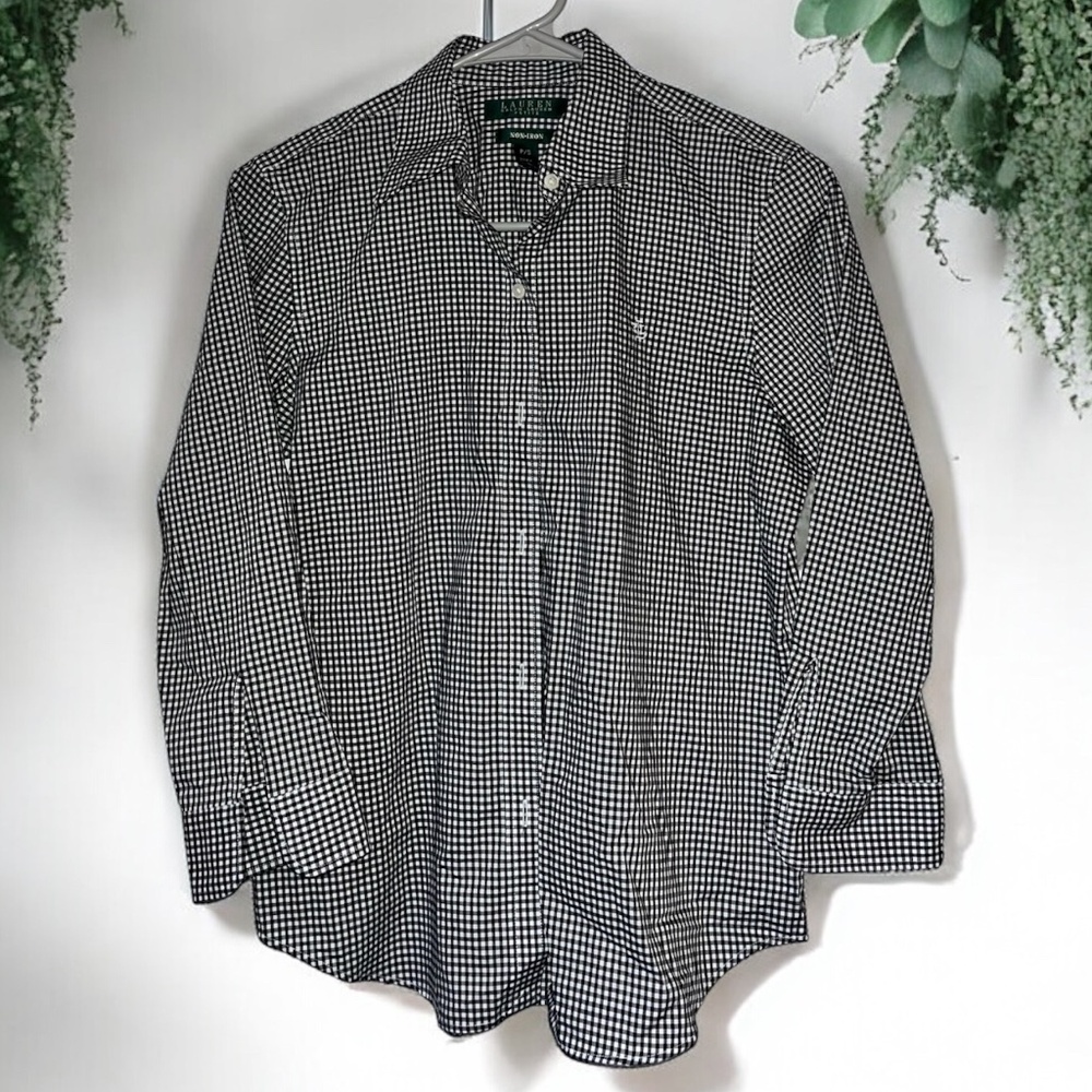 Lauren Ralph Lauren Women’s Black and White Button Down Gingham Shirt Sz-PS